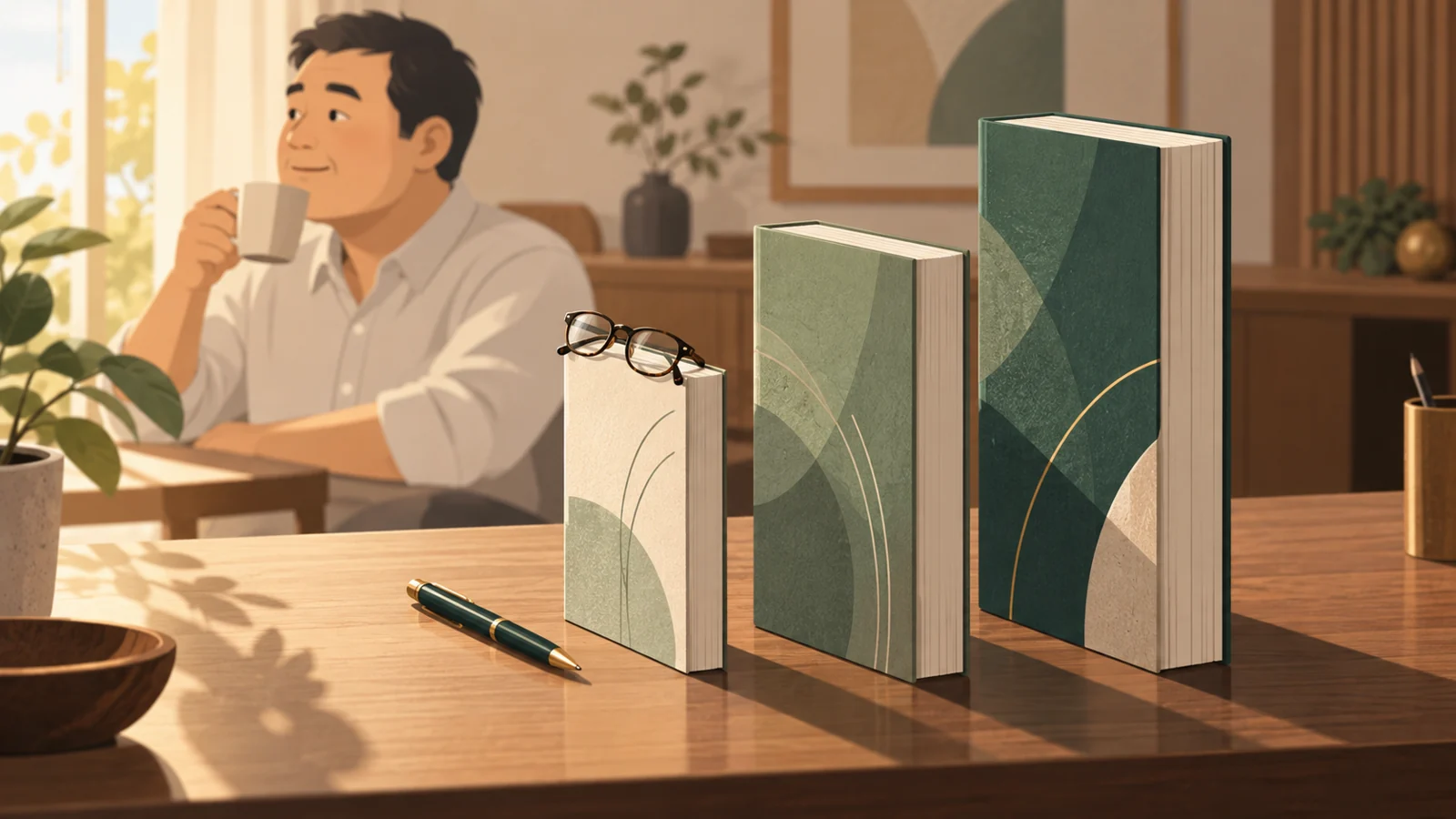 厚さの違う資格の本が階段のように並ぶ机