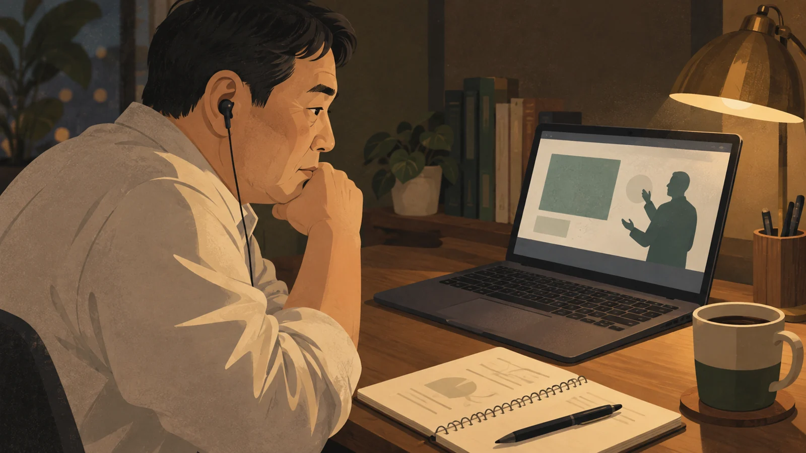 イヤホンをして講義動画を見ている男性の手元