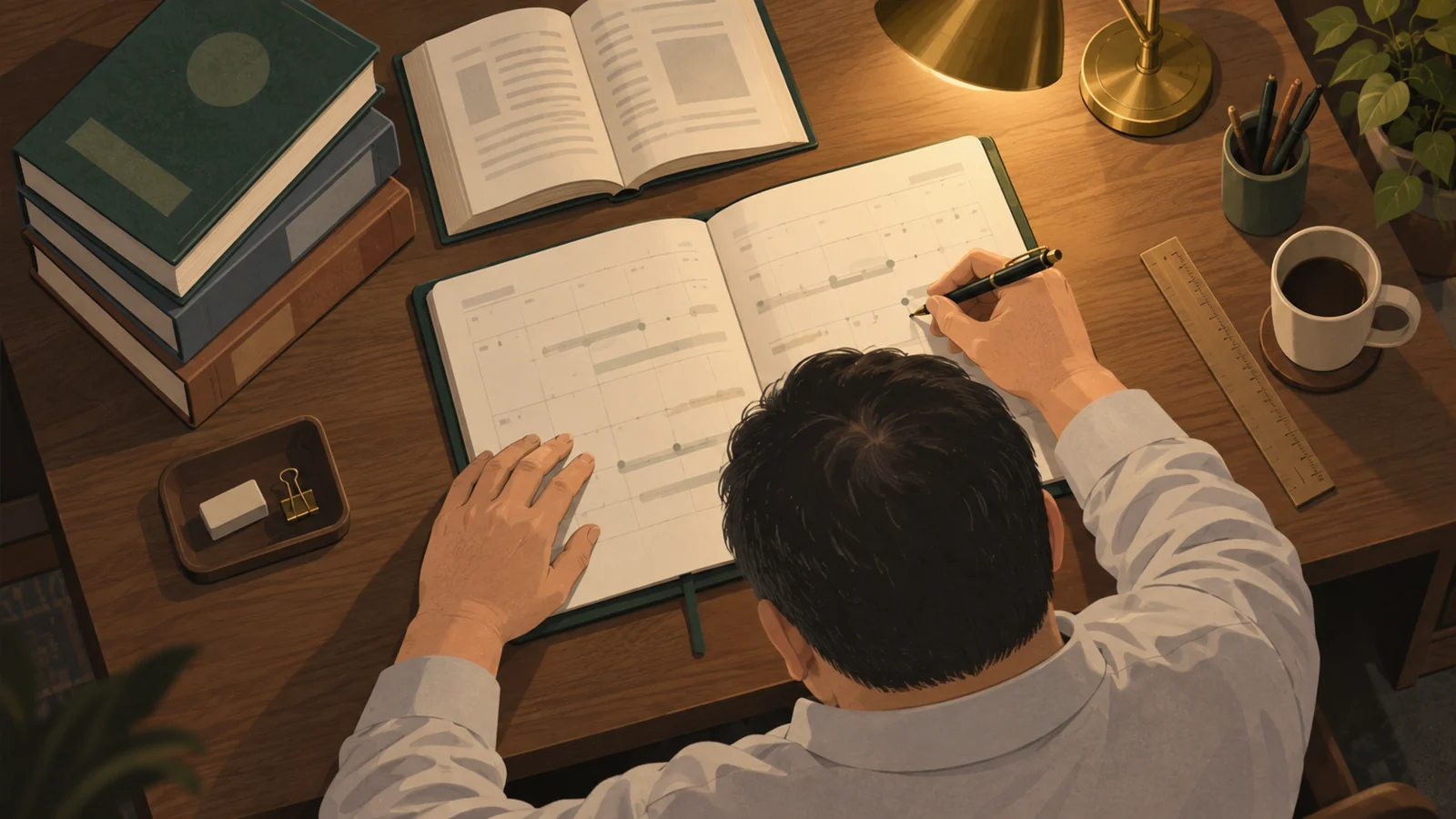 手帳に長期の計画を書き込んでいる手元と三冊の問題集