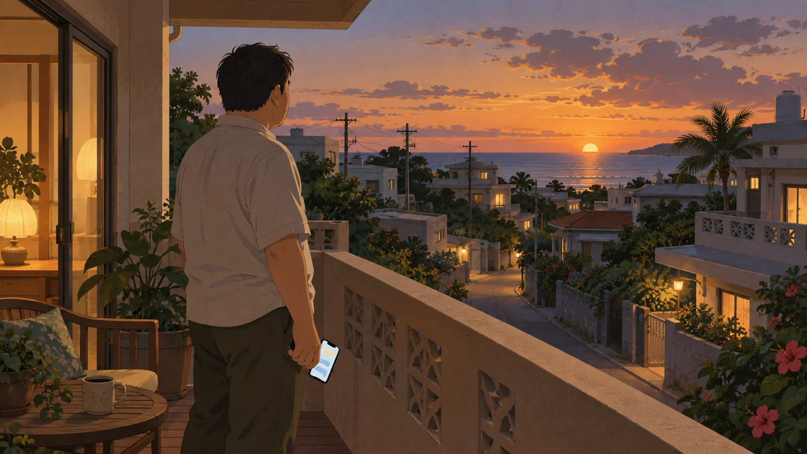 夕方のベランダでスマートフォンを手に街を眺めている男性