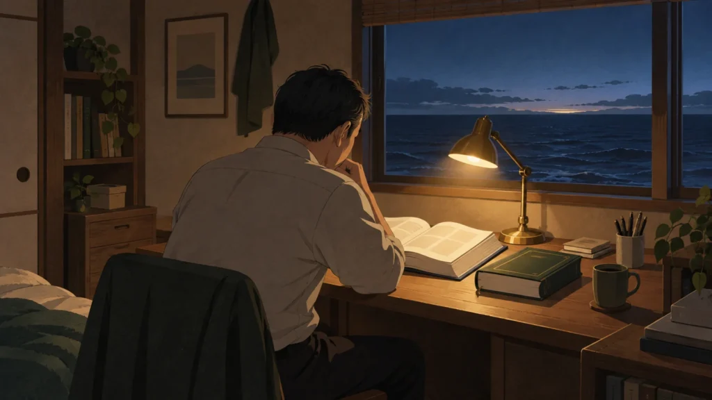 夜明け前、海の見える窓辺の机でテキストを開いている男性の後ろ姿