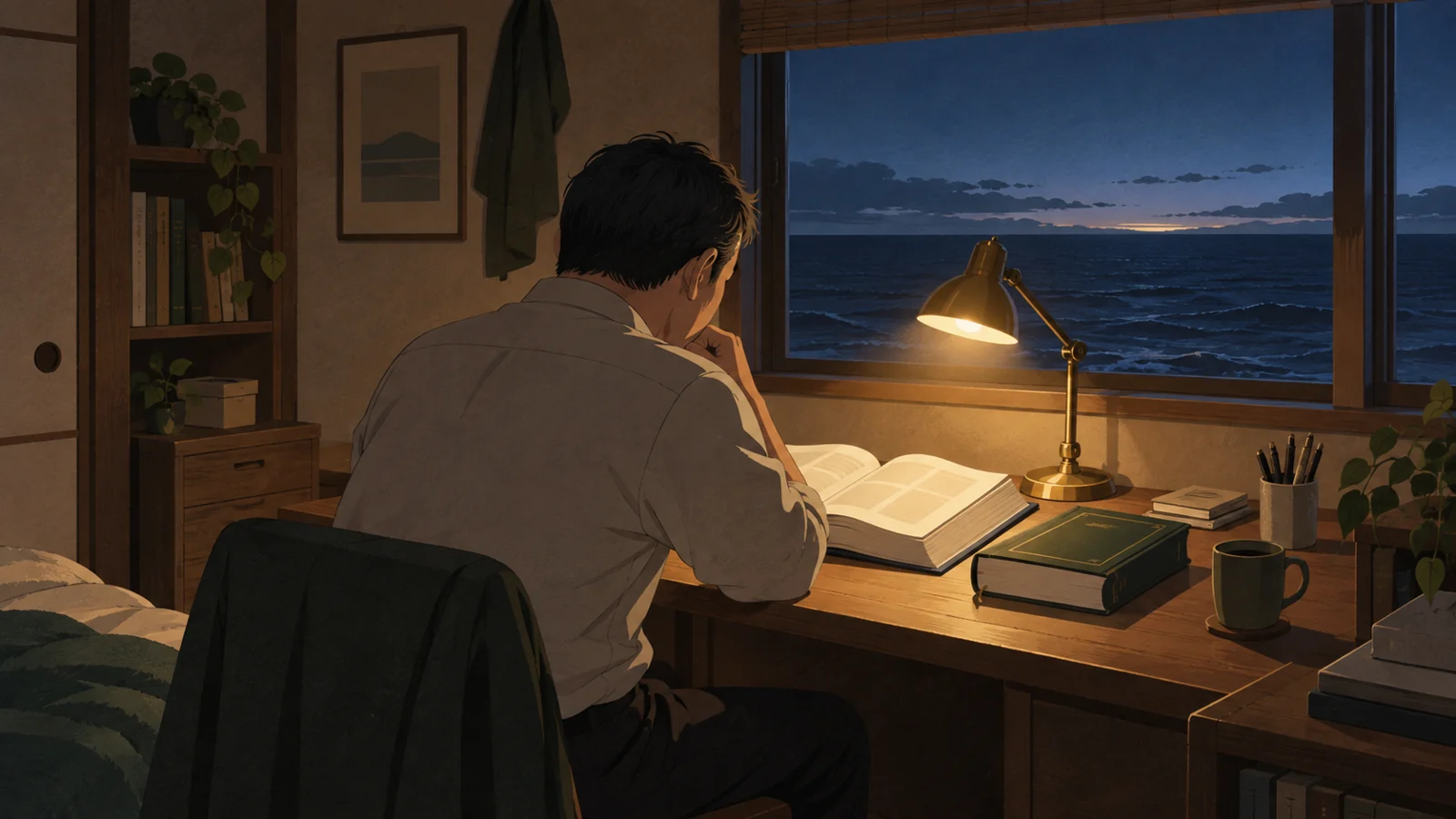 夜明け前、海の見える窓辺の机でテキストを開いている男性の後ろ姿