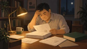夜の机で模試の結果を見つめている男性