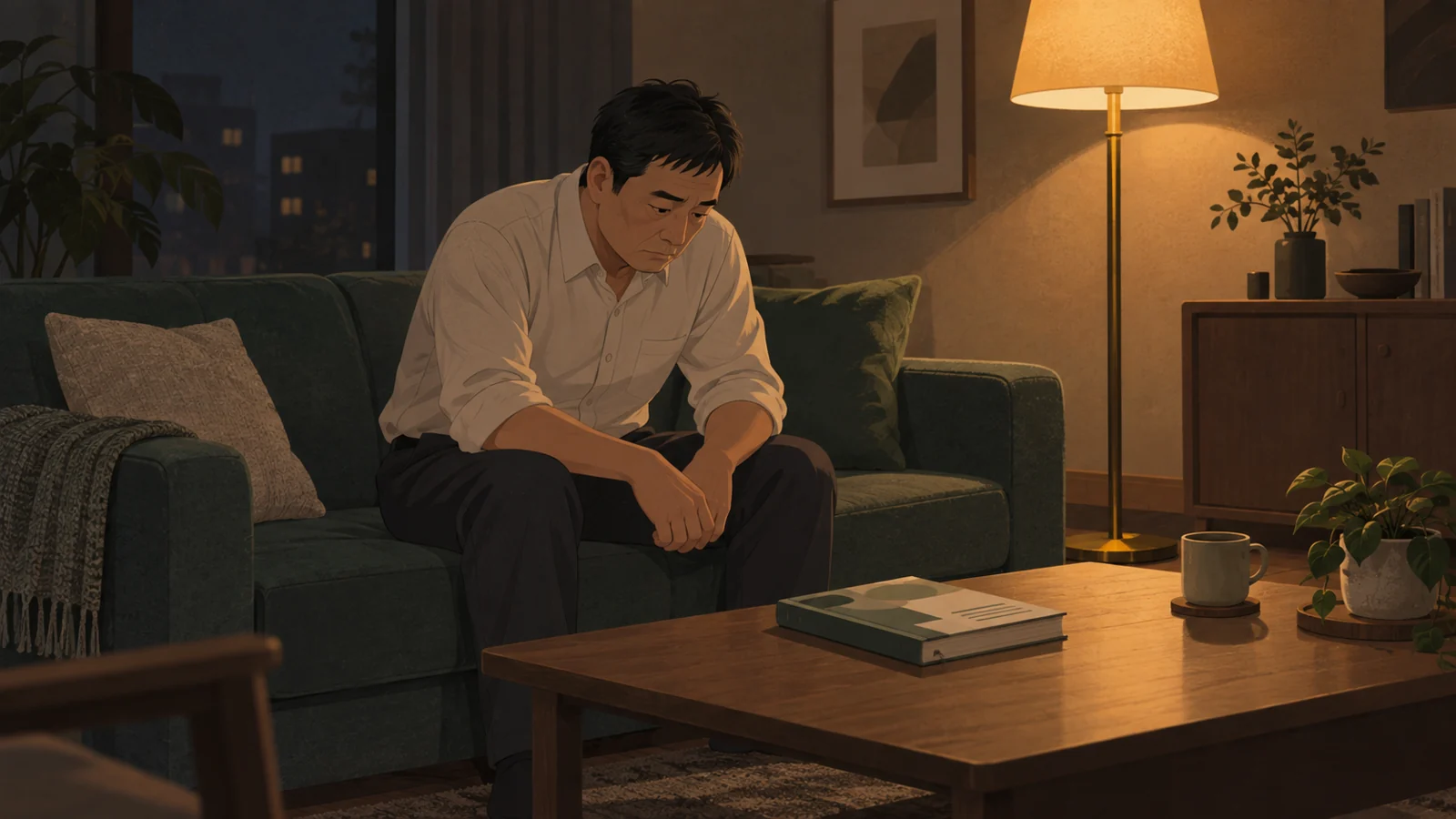 夜のリビングでソファに腰かけ、考え込んでいる男性