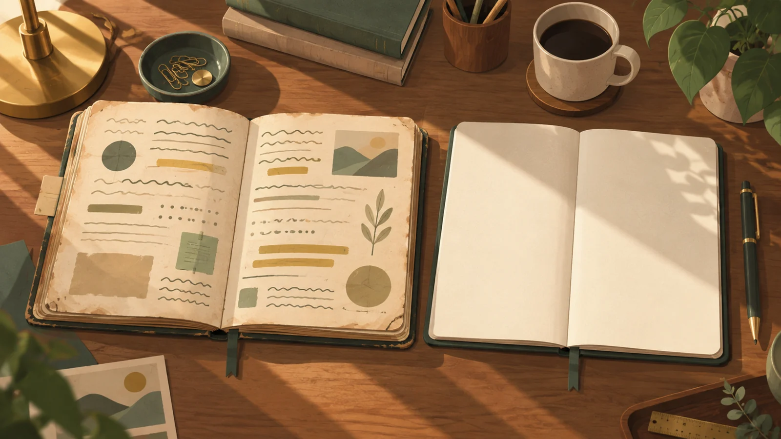 書き込みでいっぱいの古いノートと、続きを書き始めた新しいノート