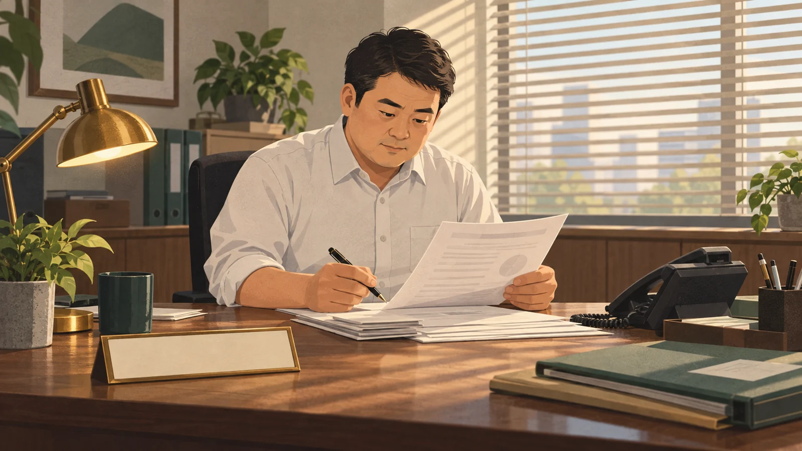 小さな事務所の机で書類仕事をしている男性