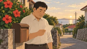 郵便受けの前でハガキを手にしている男性