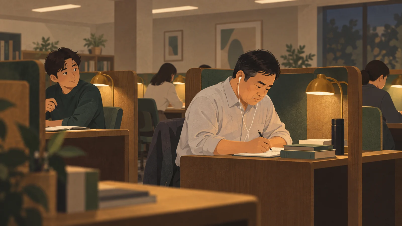 自習室で、隣の人に話しかけられそうになっている男性
