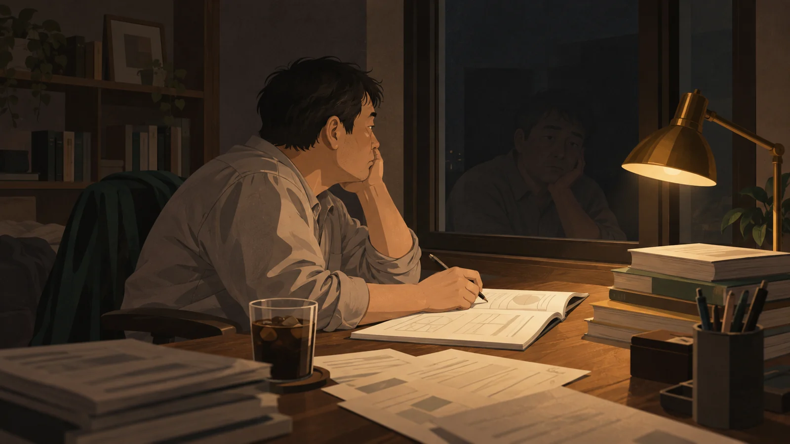 夜の机で手が止まり、窓の外をぼんやり見ている男性