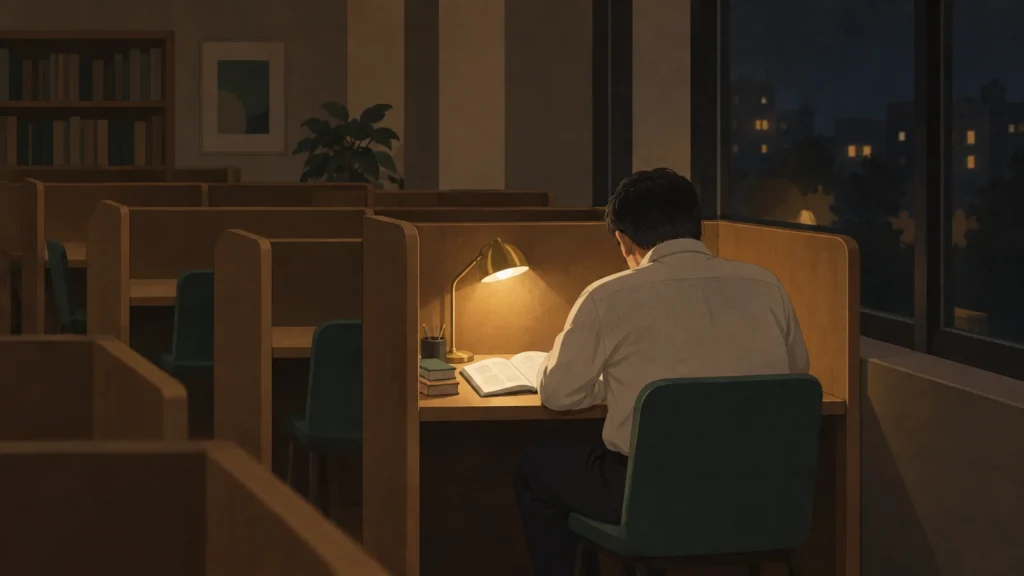夜の自習室で一人勉強している男性の後ろ姿