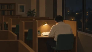 夜の自習室で一人勉強している男性の後ろ姿