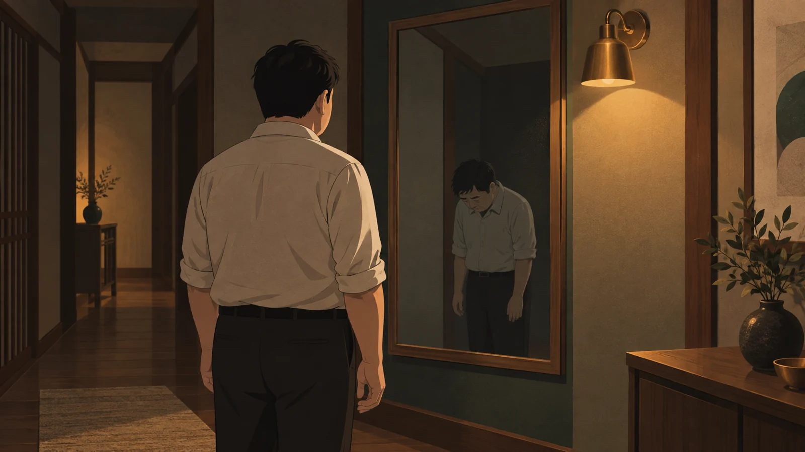 鏡に映る、うなだれた自分を見つめる男性