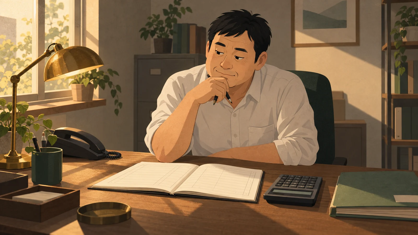 事務所の机で、ほとんど白い帳簿と電卓を前に考え込む男性