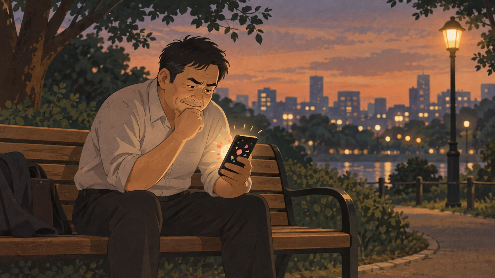 夕方のベンチで、スマートフォンに映るお祝いの画面を複雑な表情で見る男性