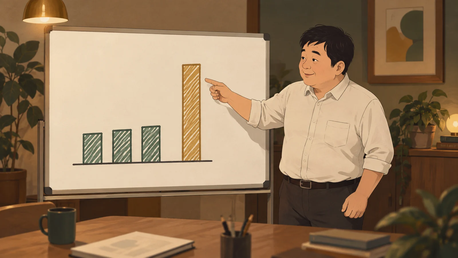 ほとんど同じ高さの3本の棒と、1本だけ大きく伸びた棒を指さす男性