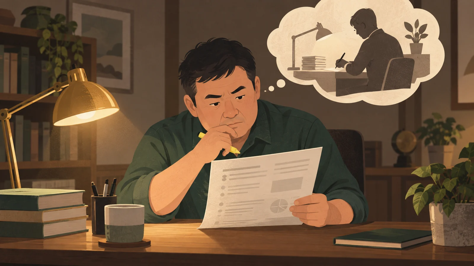 問題文を読みながら、問題を作る人の立場を想像している男性