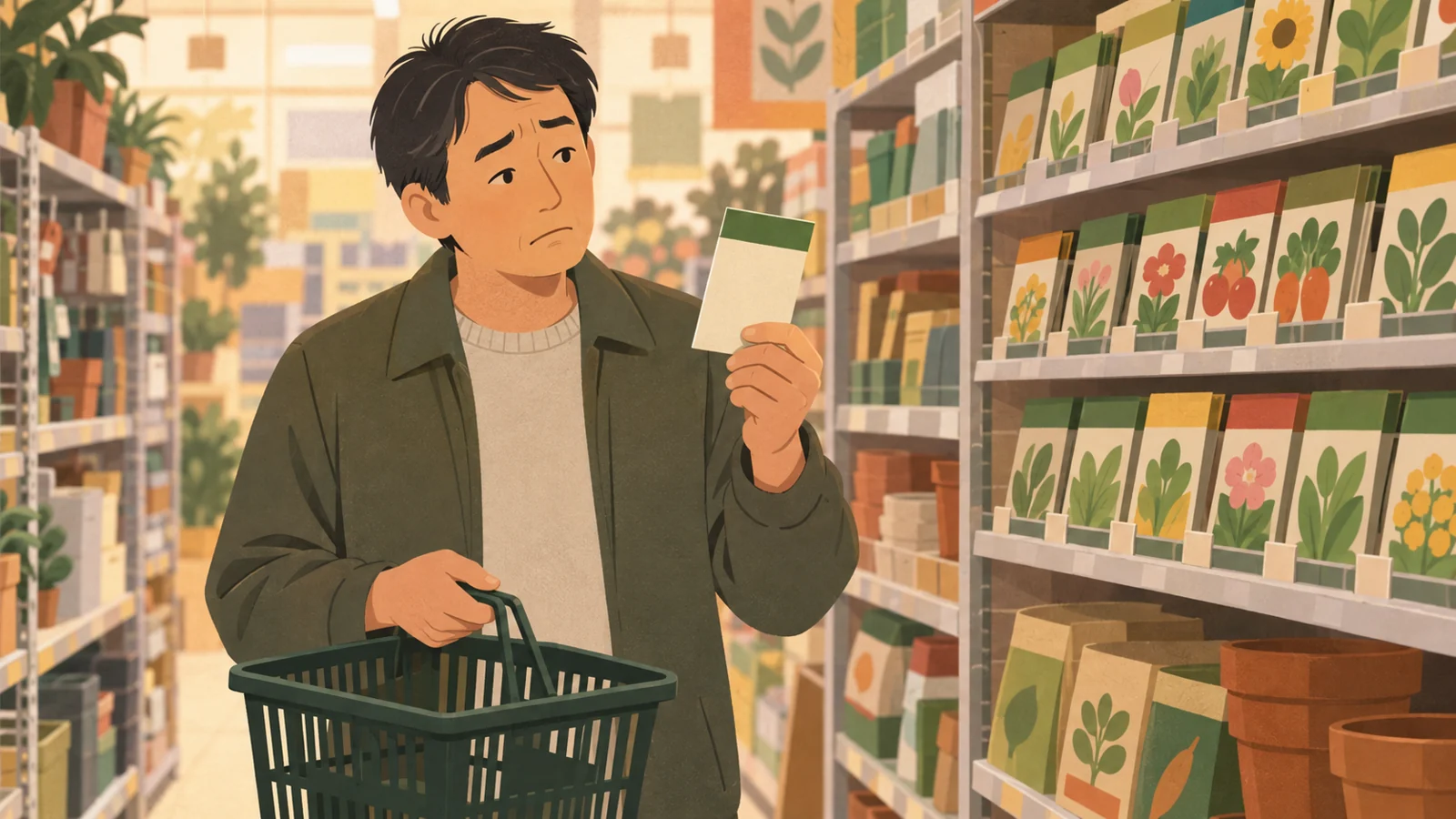 スーパーで、種の袋だけを握って首をかしげる男性