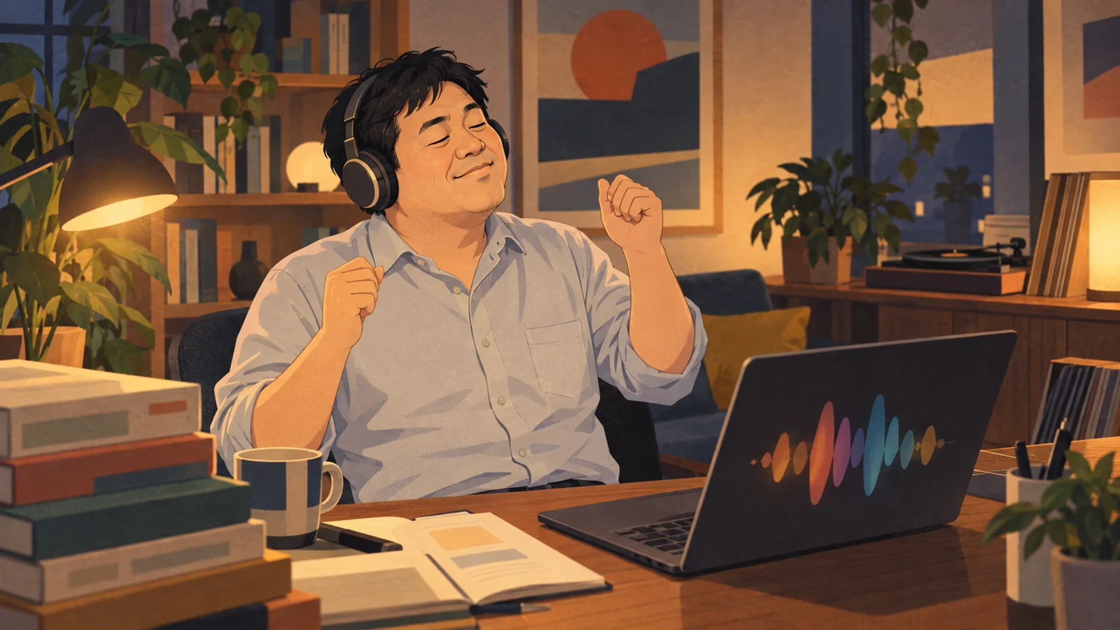 ヘッドホンをして、アップテンポの曲に合わせて口ずさむ男性