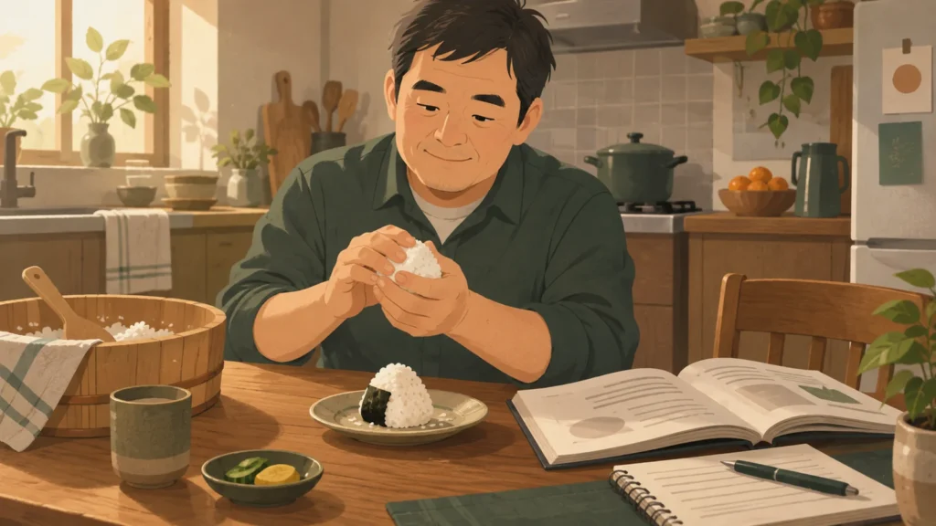 自分で握ったおにぎりと、開いたテキストが並ぶ食卓