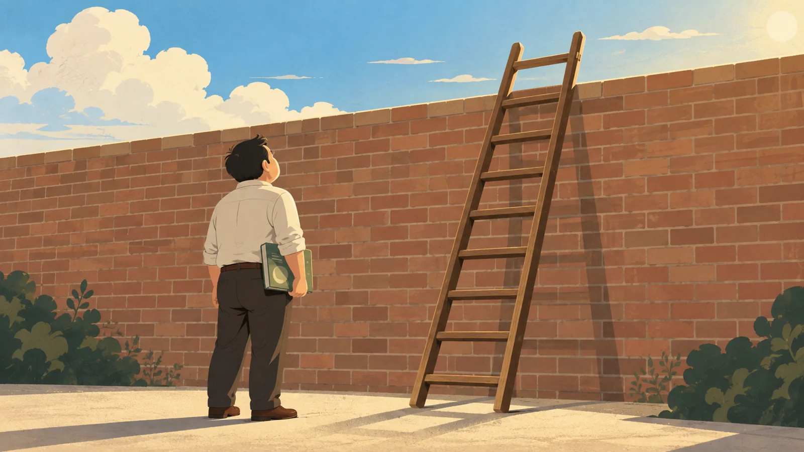 はしごを前に、壁の上を見上げる男性