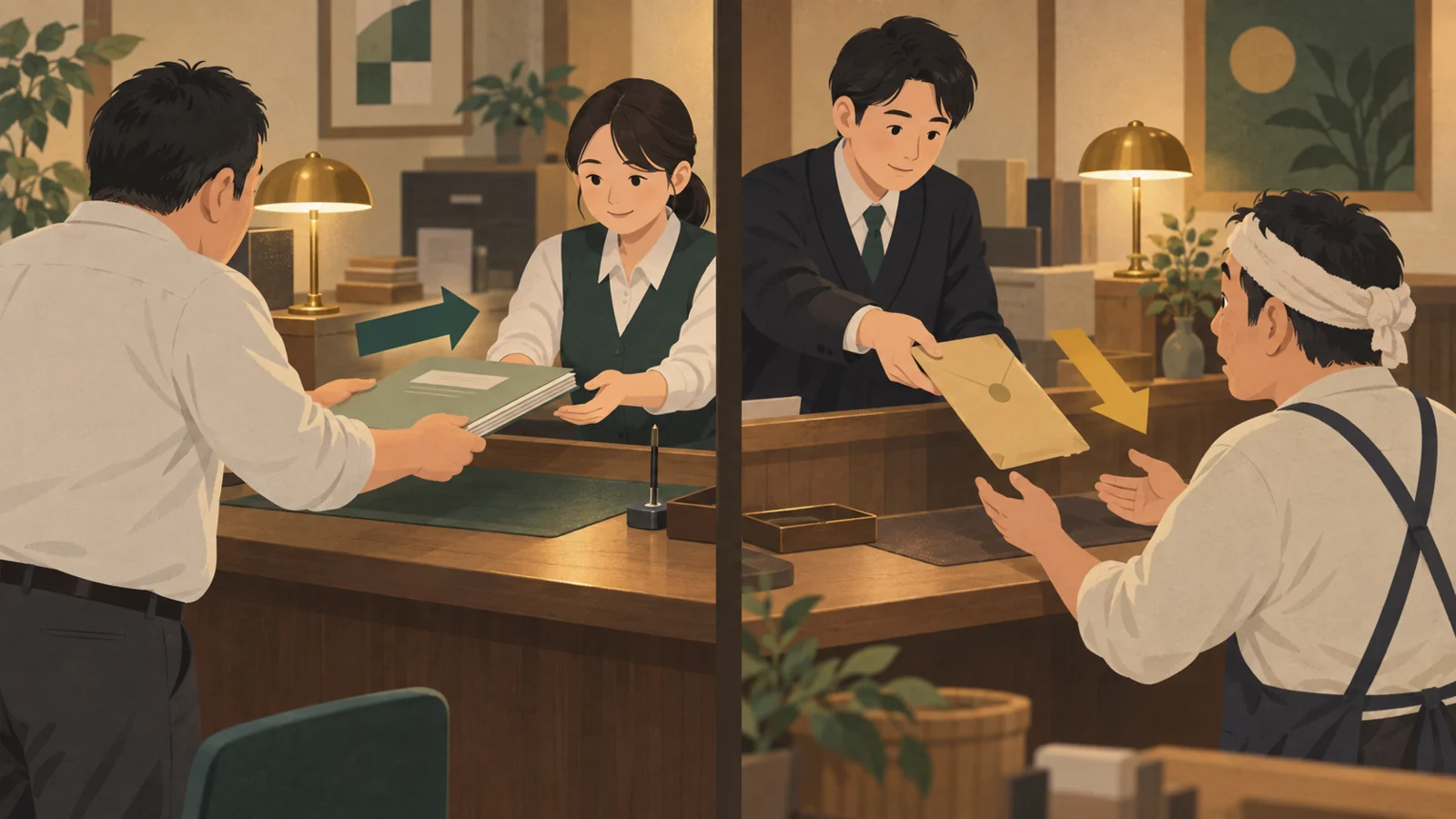 窓口に書類を出す人と、役所から通知を受け取る人の対比