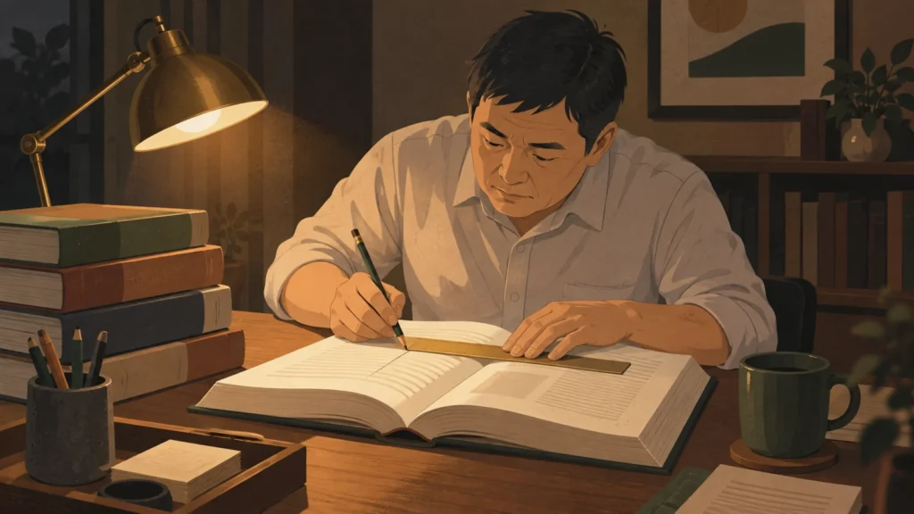 六法を開き、定規を当てて条文を読み込んでいる男性