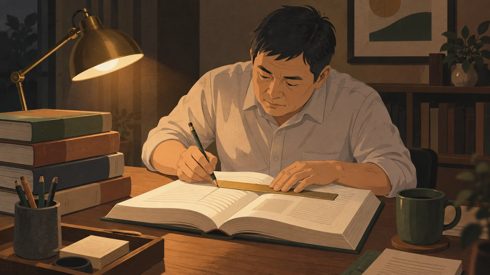 六法を開き、定規を当てて条文を読み込んでいる男性