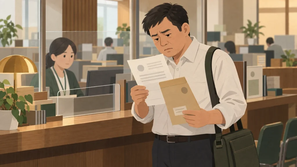 役所からの通知を手に、窓口の前で読み返している男性
