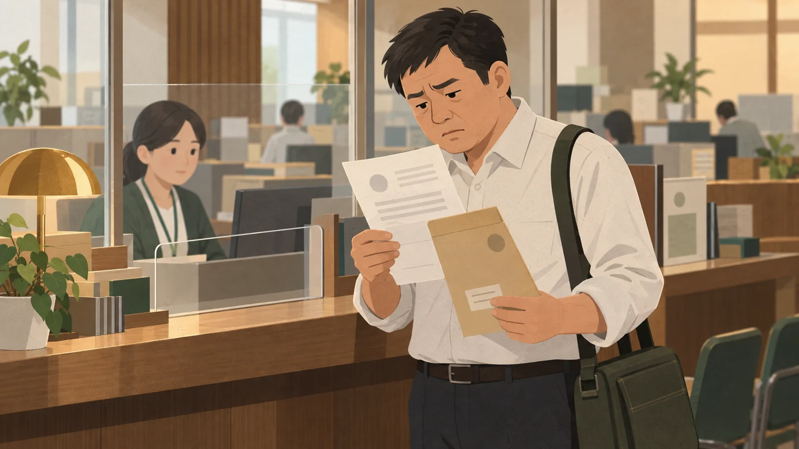 役所からの通知を手に、窓口の前で読み返している男性