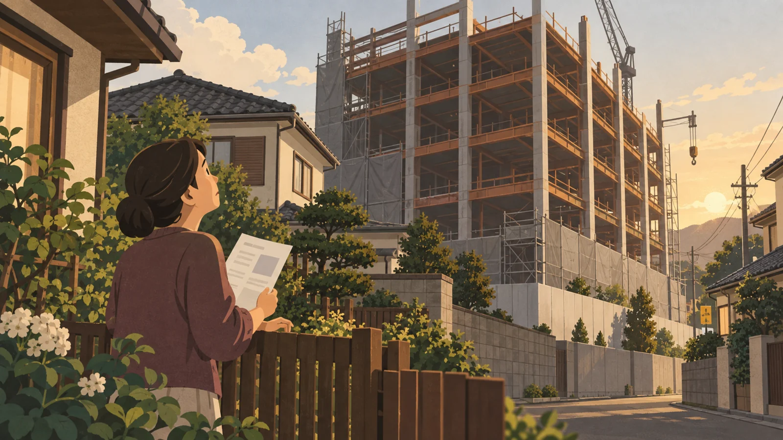 隣に建ち始めた大きな建物を、庭先から不安そうに見上げる近所の住民