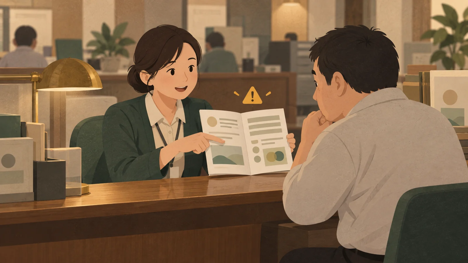 窓口で職員がパンフレットを指しながら説明している場面