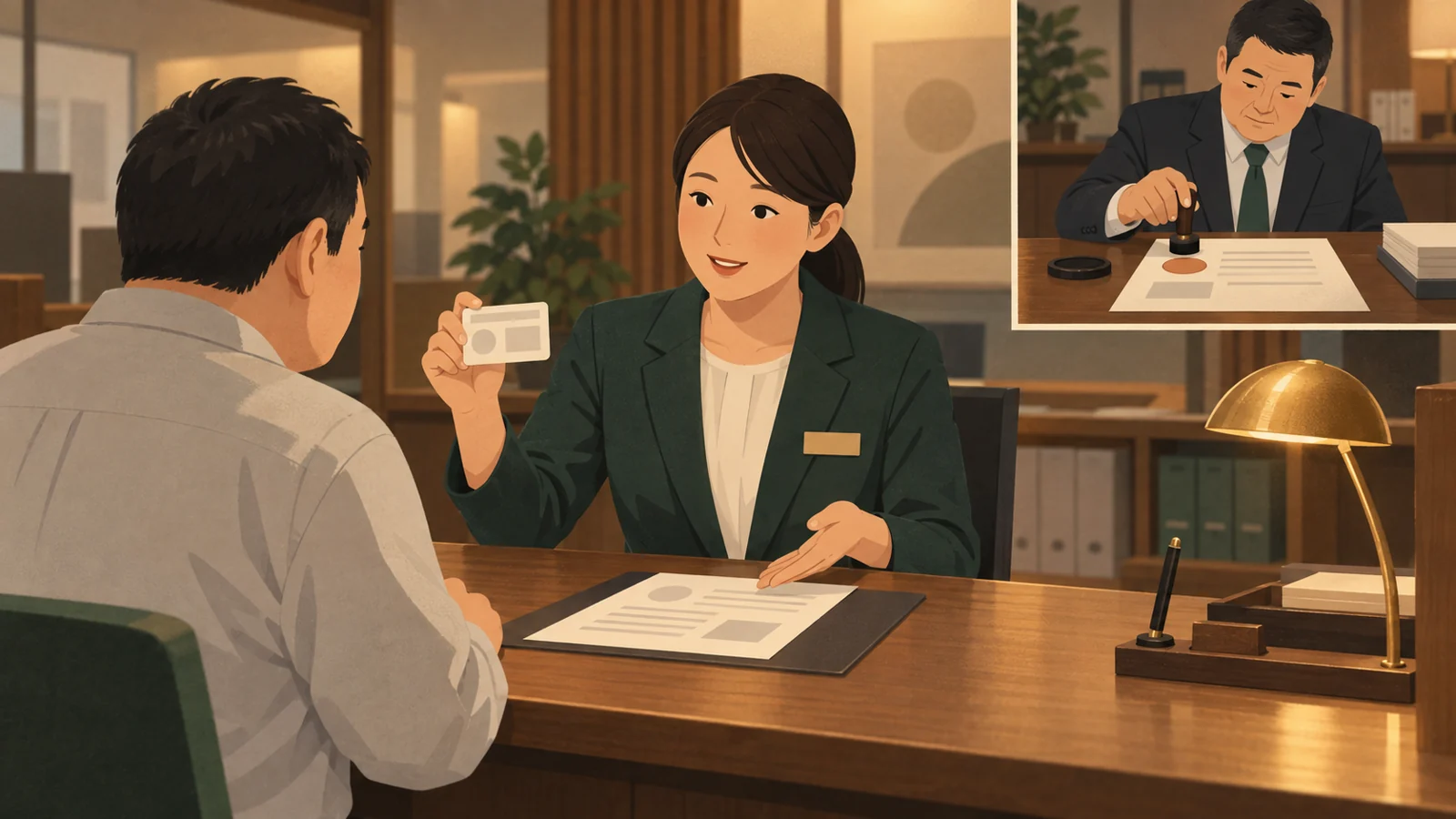 取引士証を見せて説明する宅建士と、別の書類に会社の印を押す場面