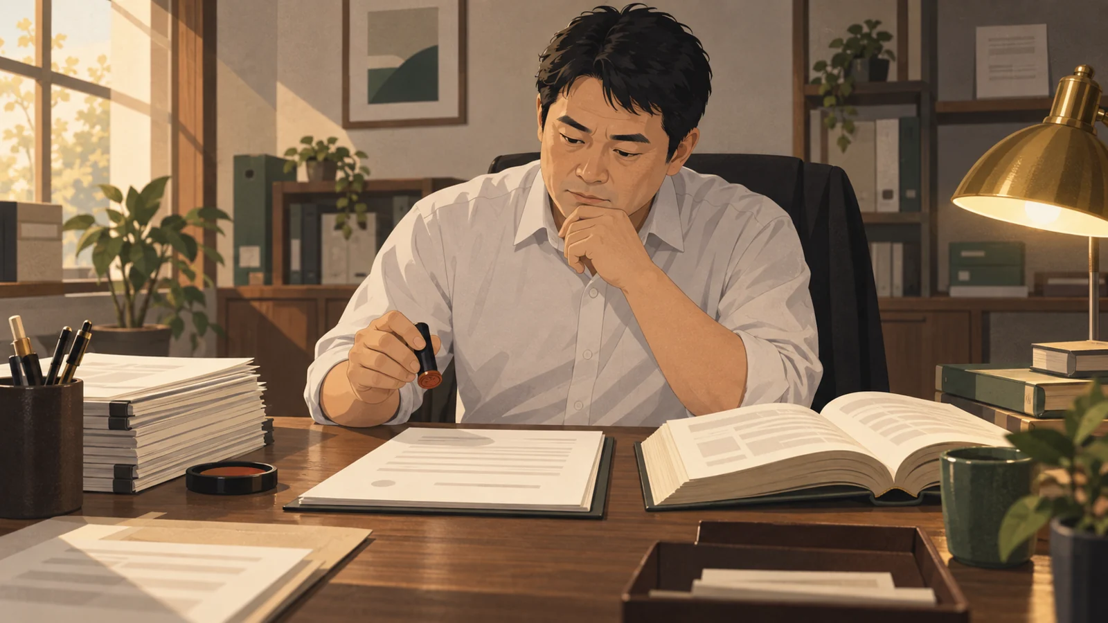 自分の事務所で、印鑑を手に押すべきか考えている男性