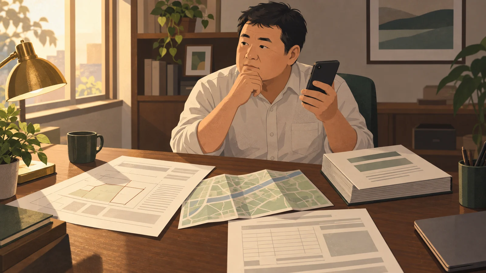 登記・図面・要件の資料を広げ、役所に電話する準備をしている男性