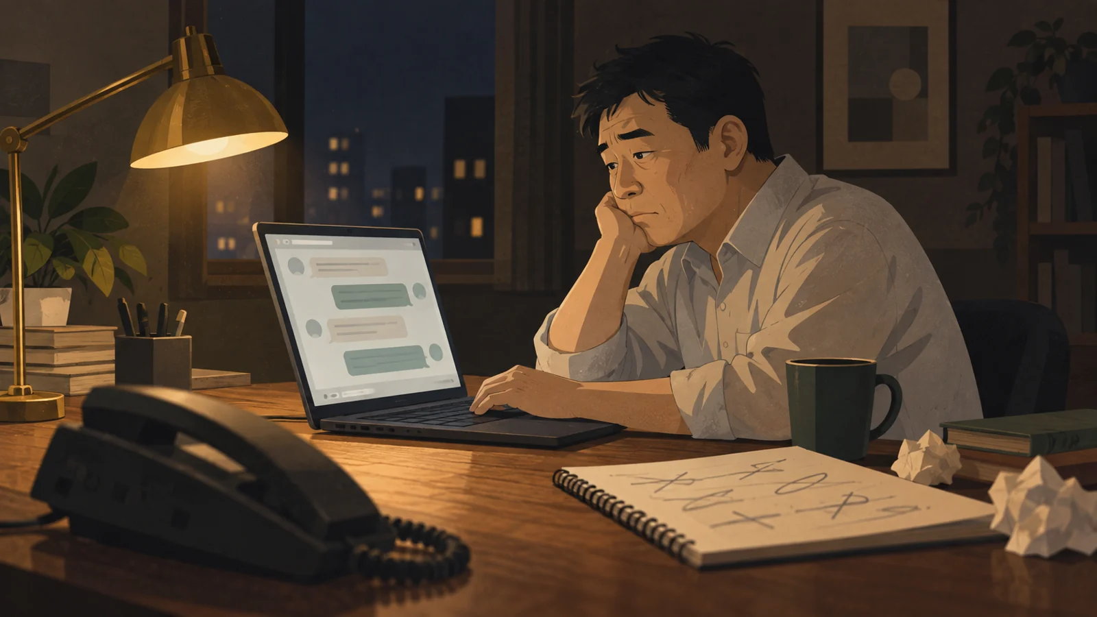 夜、AIとのやり取りの画面に向かい、鳴らない電話を横目に記事を直す男性
