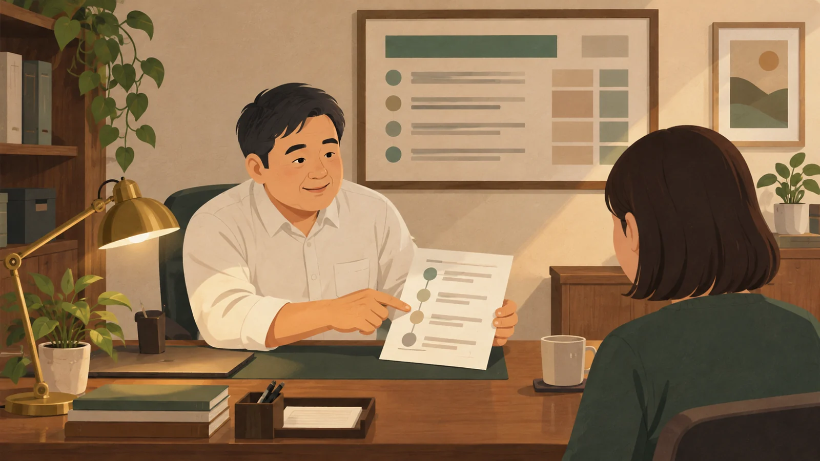 事務所の壁の報酬表と、手順を説明している男性