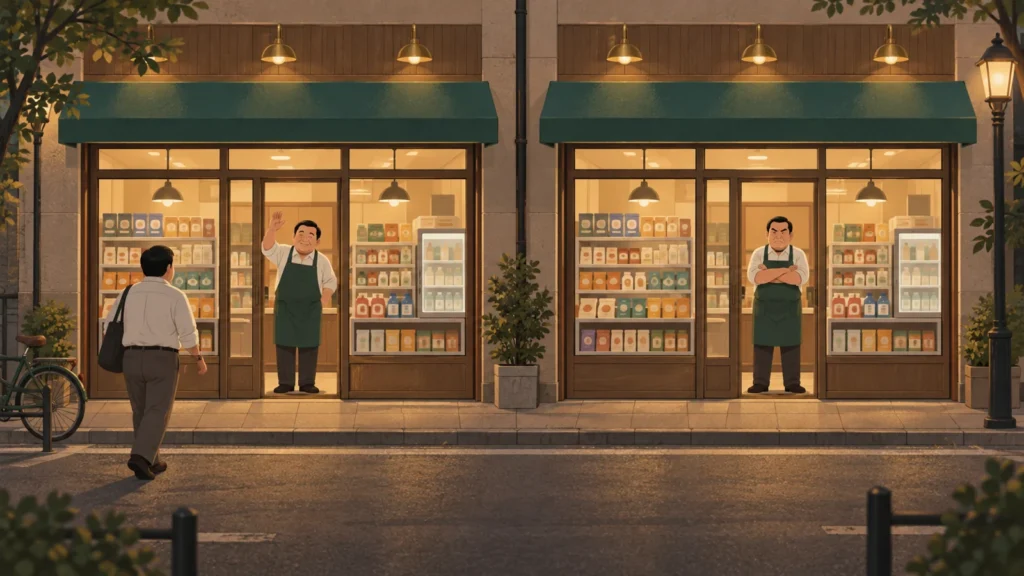 同じ店が二つ並び、客が感じのいい店長のほうへ歩いていく
