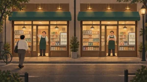 同じ店が二つ並び、客が感じのいい店長のほうへ歩いていく
