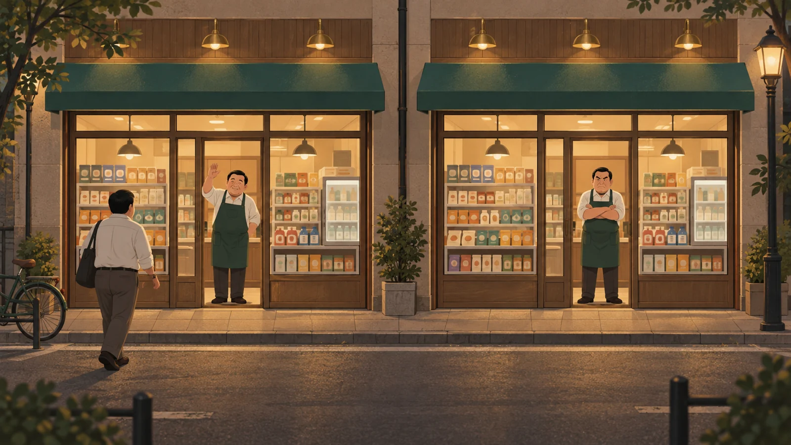 同じ店が二つ並び、客が感じのいい店長のほうへ歩いていく