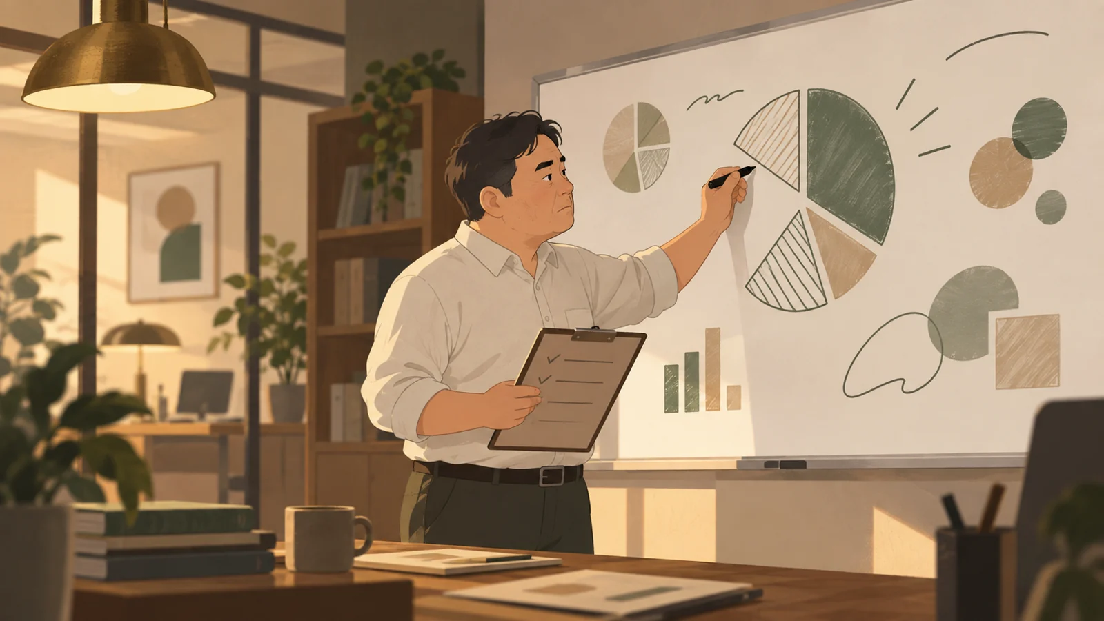 ホワイトボードに得点の内訳を図で整理する男性
