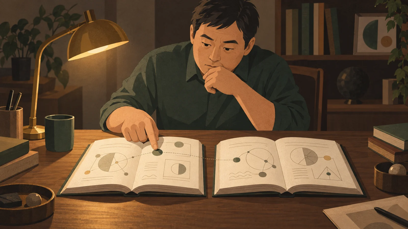 二冊の教材を見比べながら要点を線でつなぐ男性