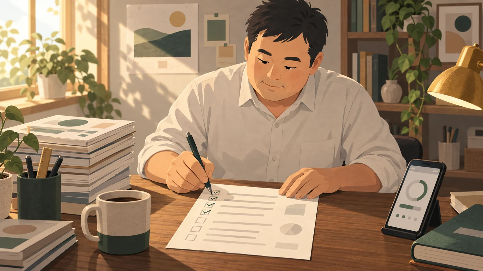 学習時間を記録するアプリと問題集を前にした男性