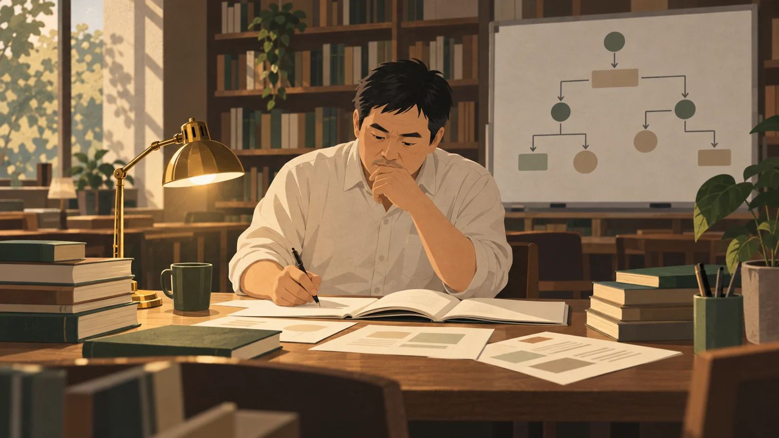 図書館で、矢印だけの図を見ながら集中して勉強する男性