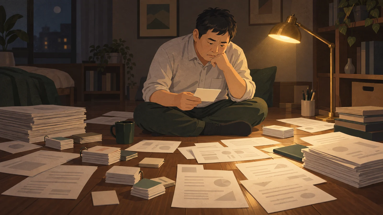 床に広げた問題集とカードに囲まれ勉強する男性