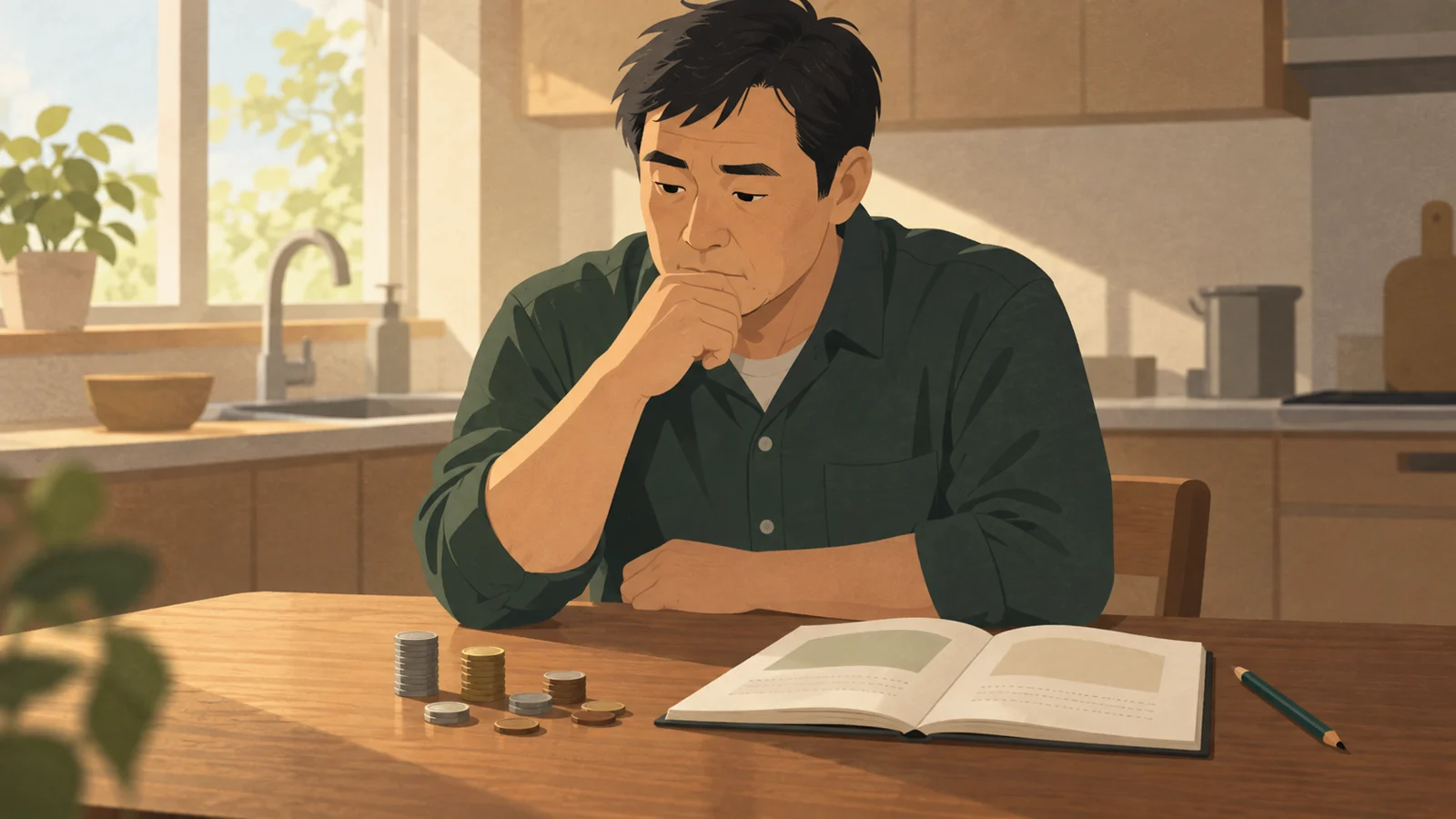 家計を気にしながら学習方法を考える男性
