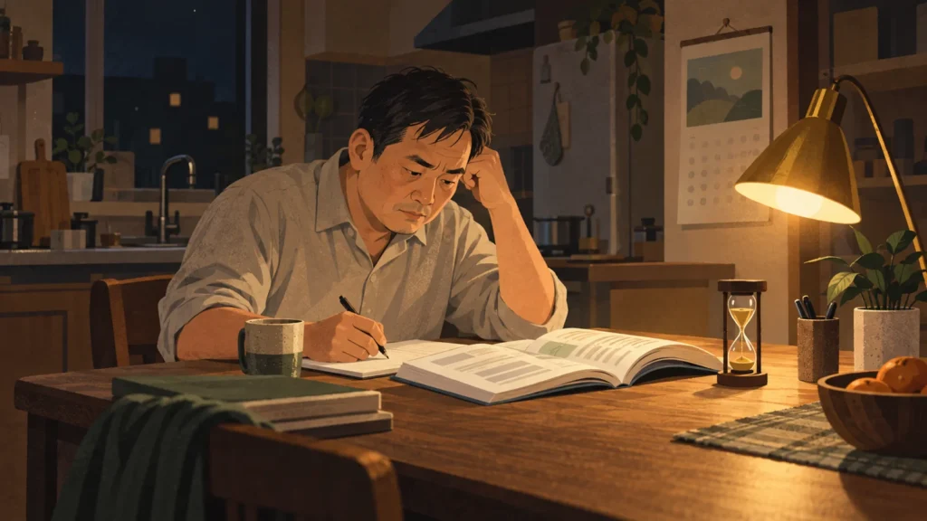 深夜、机で問題集を開き、砂時計を見つめる男性