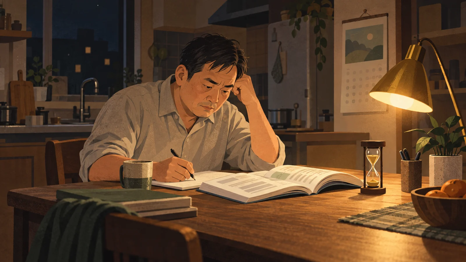 深夜、机で問題集を開き、砂時計を見つめる男性