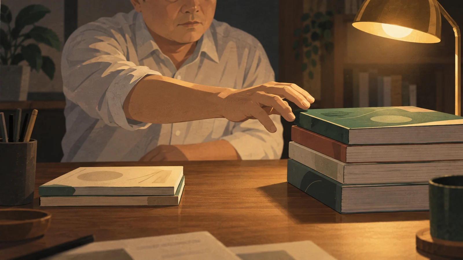 科目ごとの参考書を手に取り分ける男性の手元