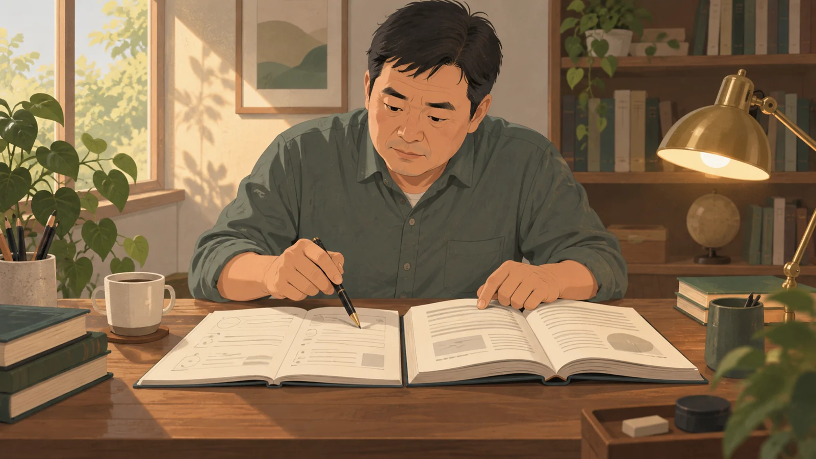 問題集とテキストを見比べながら勉強する男性