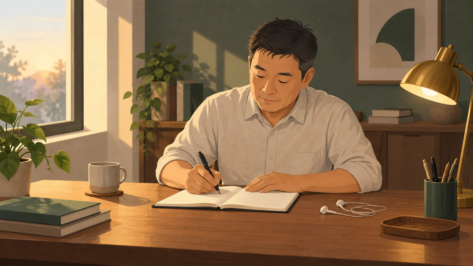 イヤホンを外し、机に向かって集中して書き込む男性